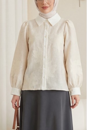 Karpuz Kol Çiçek Nakışlı Etamin Gömlek -Krem