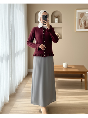 Düğmeli Önü Ve Eteği Fırfırlı Hırka -Bordo