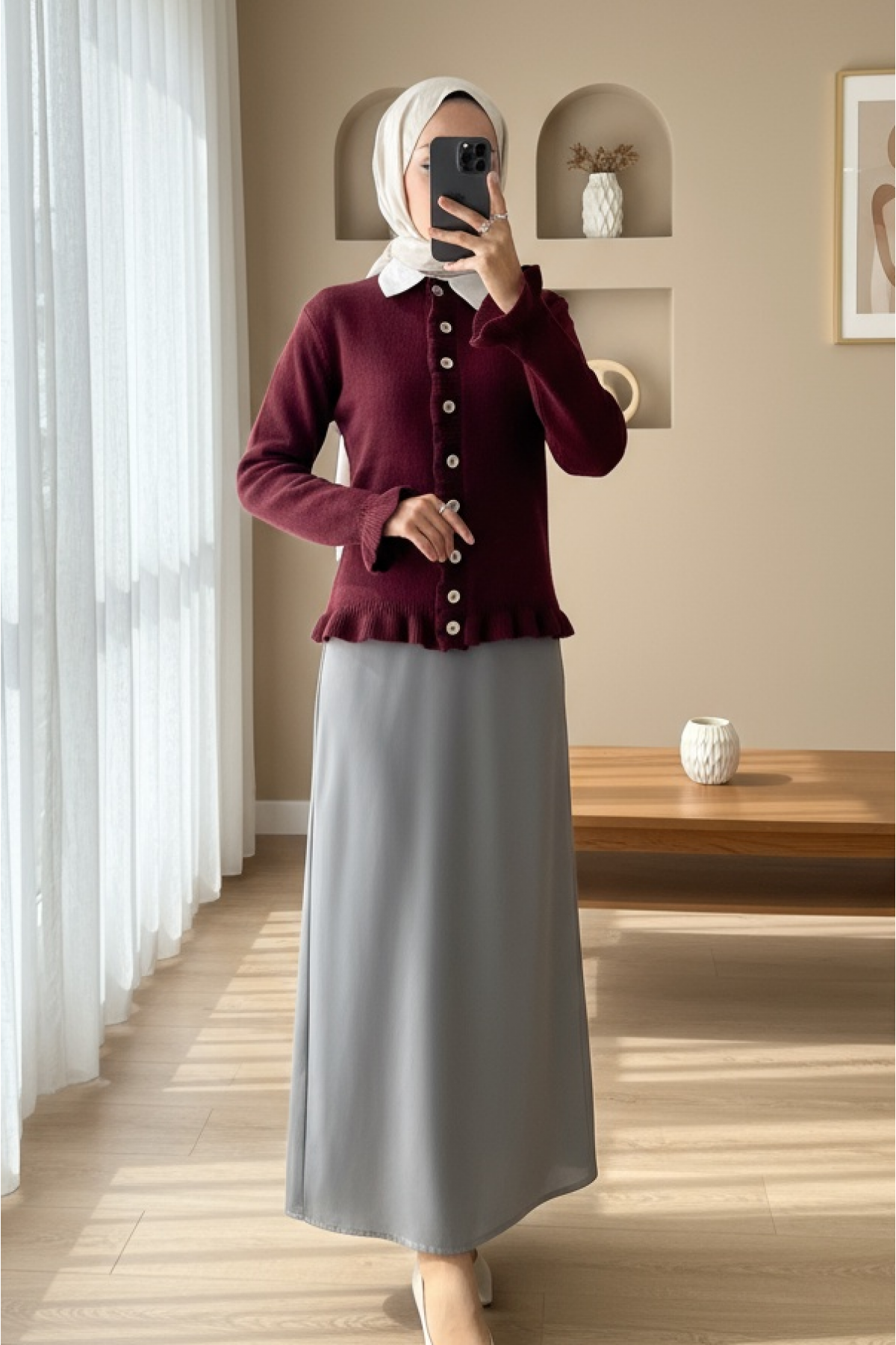Buttoned Front and Ruffled Skirt Cardigan -Maroon