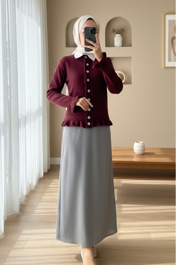 Buttoned Front and Ruffled Skirt Cardigan -Maroon