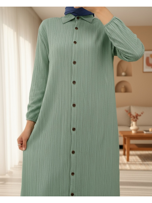 Boydan Düğmeli Kolu Lastikli Uzun Krinkıl Tunik   -Mint