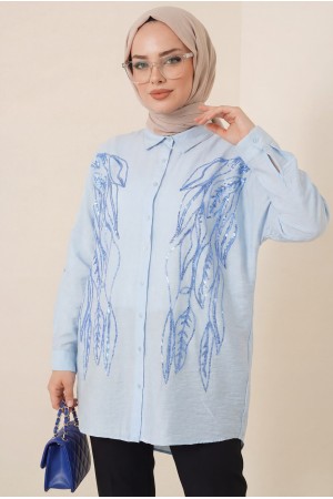 Yaprak Desen Pul Payet Gömlek -Bebe Mavi