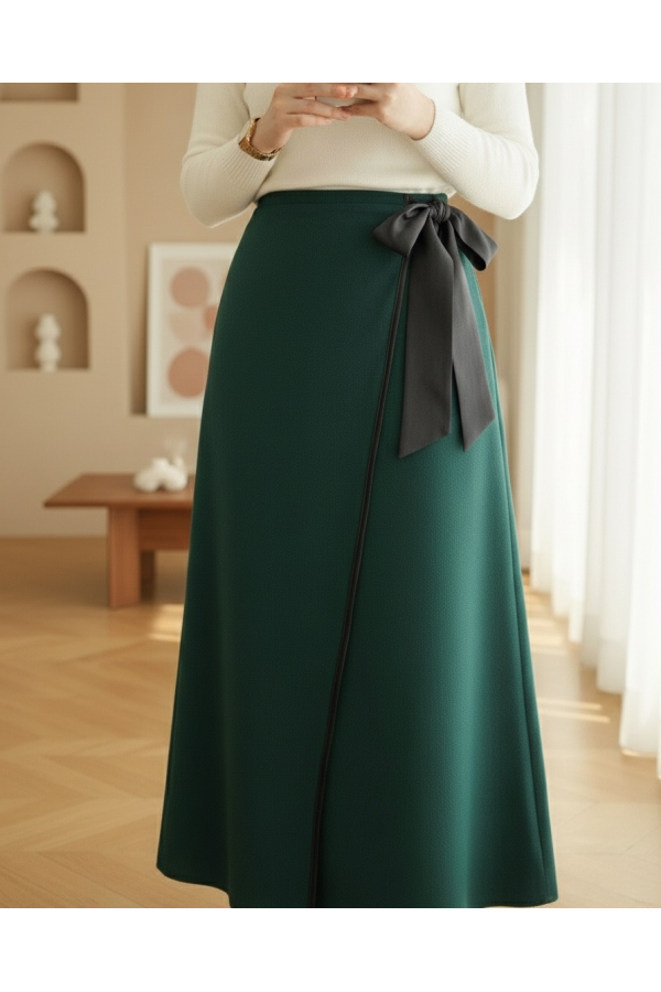 Elastic Waist Tied Piping Cashmere Skirt -Emerald