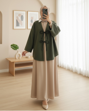 Laced Front Oval Cut Cashmere Kimono     -Khaki