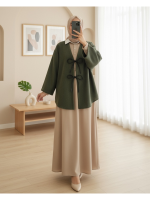 Önü Bağcıklı Oval Kesim Kaşe Kimono     -Haki