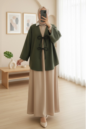 Laced Front Oval Cut Cashmere Kimono     -Khaki