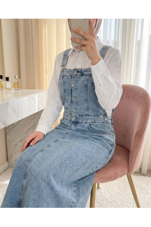 Yarım Düğmeli Cepli Kot Salopet -Buz Mavi