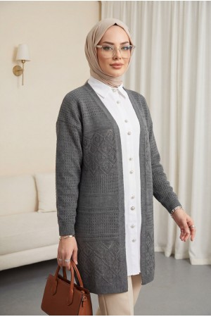 Ajurlu Mevsimlik Triko Hırka   -Füme