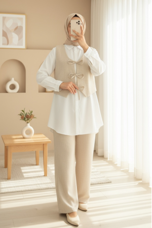 Front Tie Vest Trousers Two Piece Set  -Stone