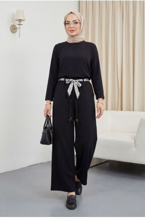 Bol Paça Beli Lastikli Kemerli Cepli Keten Pantolon  -Siyah