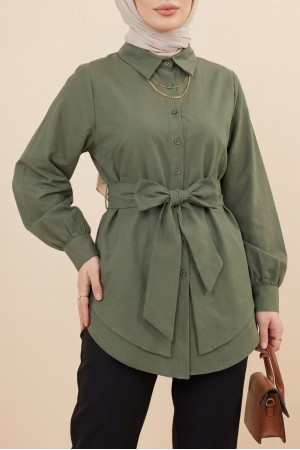 Kendinden Kuşaklı Poplin Tunik -Haki