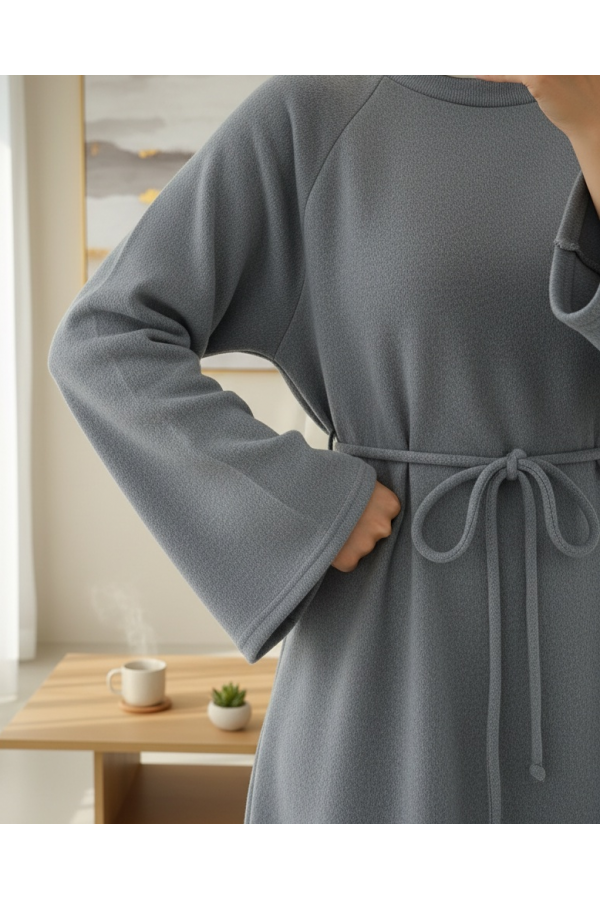 Round Neck Selanik Dress with Tie Waist -Grey