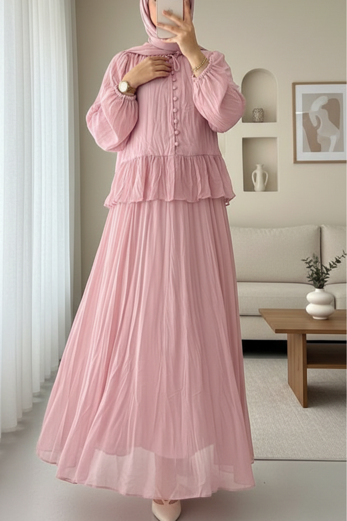 Chiffon Kash Skirt Suit with Ruffled Collar and Buttons -Powder