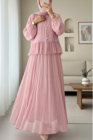 Yakası Fırfırlı Düğmeli Şifon Kraş Etekli Takım -Pudra