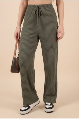 Bağcık Detaylı Salaş Fitilli Pantolon        -Haki