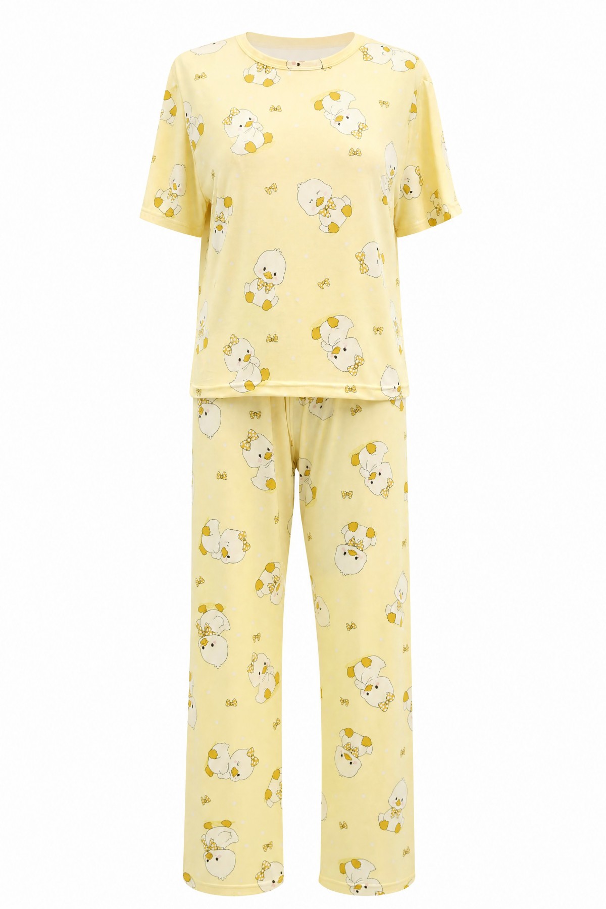 Duck Patterned Crew Neck Short Sleeve Cotton Pajama Set -Yellow
