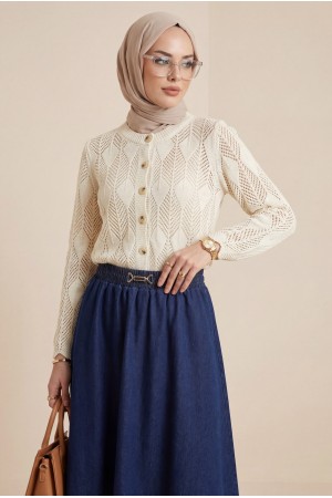 Yaprak Desenli Ajurlu Triko Hırka -Krem