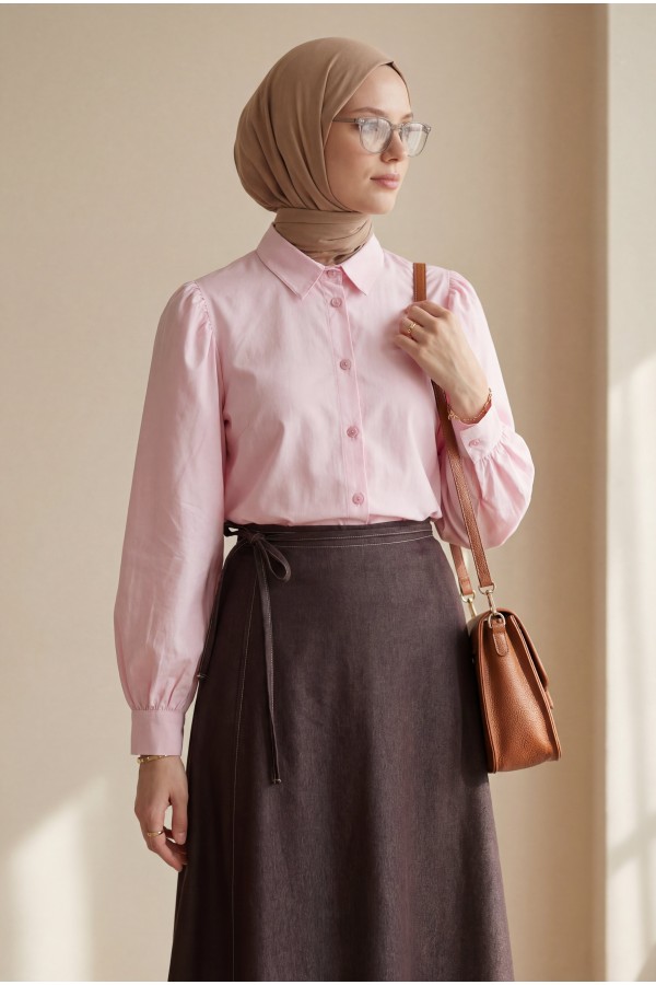 Front Double Layer Denim Skirt with Side Laces and Zipper -Brown