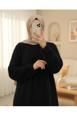 سترة طويلة فضفاضة محبوكة بلحية -أسود