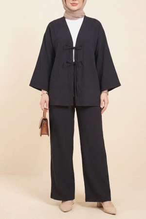 Crinkle Suit with Double Laced Front Trousers  -Black