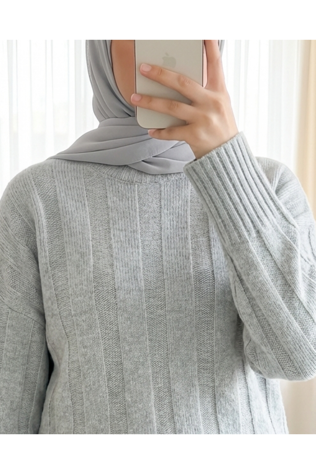 Half-Neck Striped Patterned Soft Knit Sweater -Grey