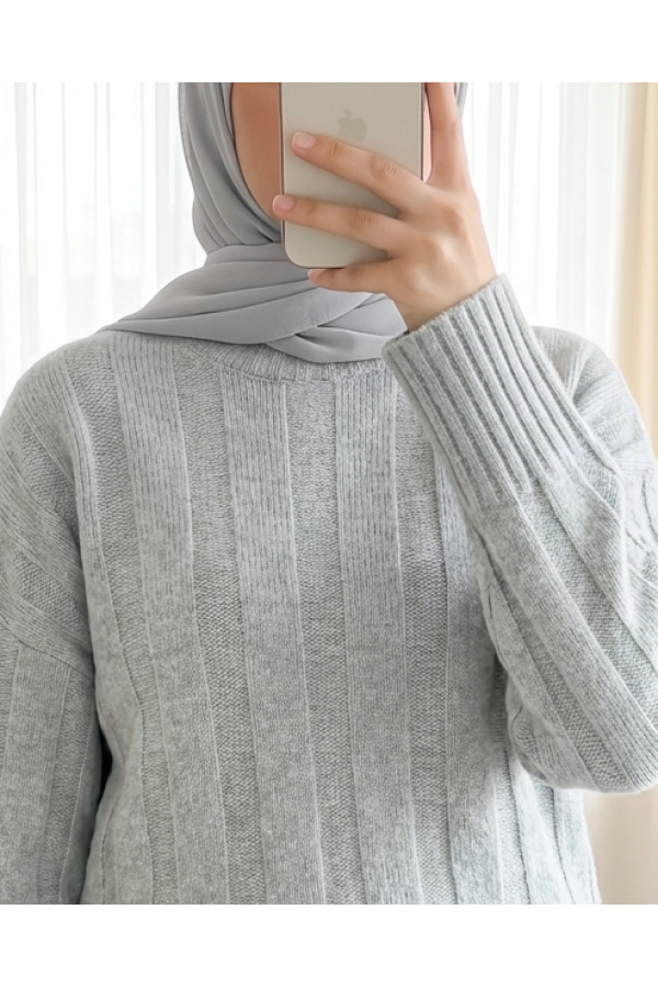 Half-Neck Striped Patterned Soft Knit Sweater -Grey