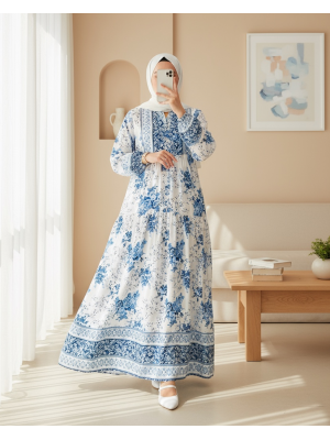 Kadın Mavi Beyaz Viskon Tesettür Elbise 2423