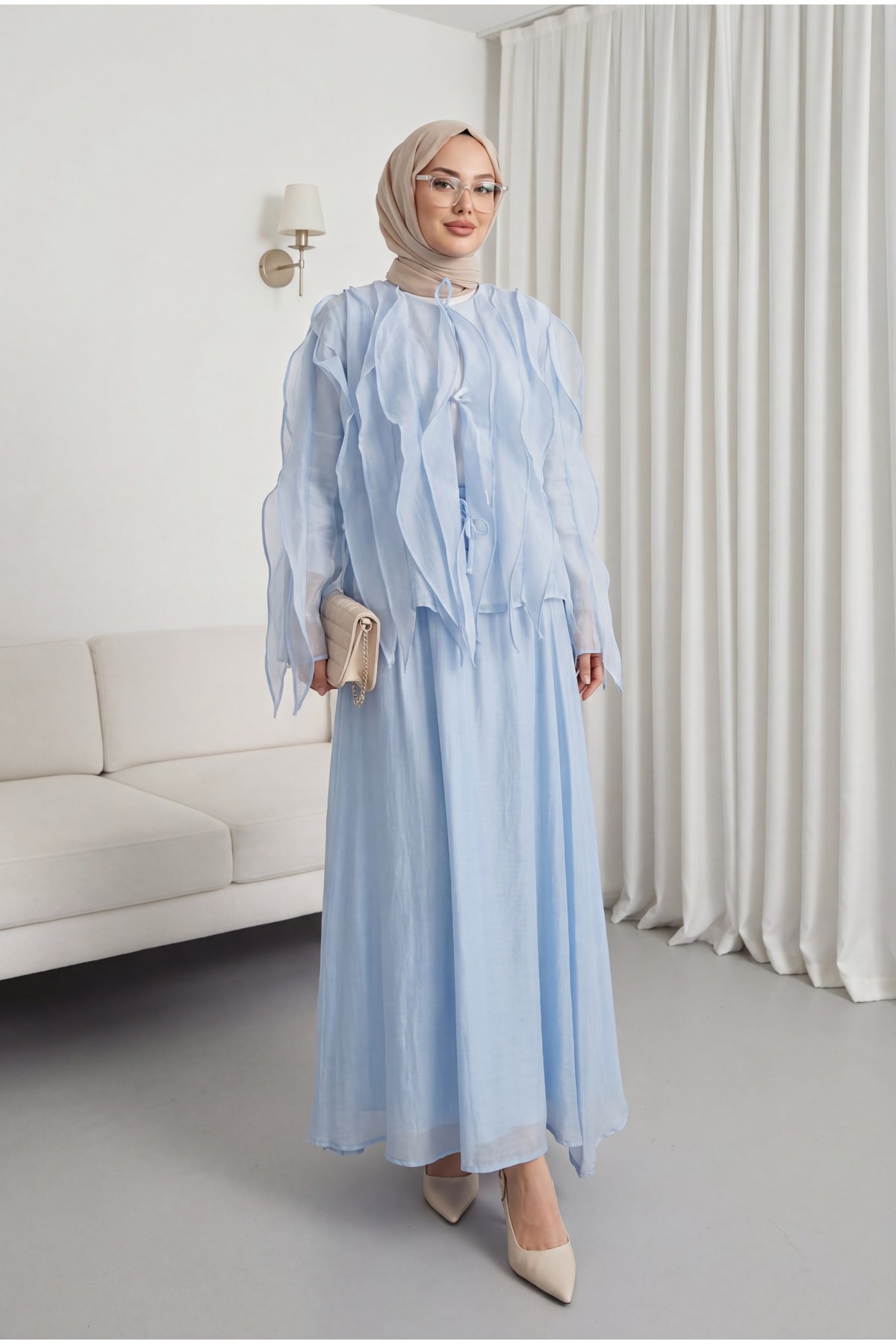 Front-tie ruffled, lined, asymmetrical cut Cupra suit -Baby Blue