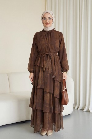 Yoryo Patterned Layered Skirt, Tie-Waist, Lined Chiffon Dress -Brown