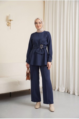 Beli Tokalı Fiyonk Detaylı Pantolonlu Cupra Takım  -Lacivert