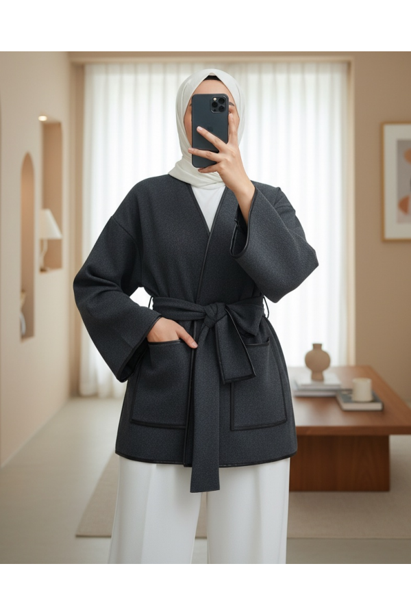 Biye Detaylı Çift Cepli Kuşaklı Kaşe Kimono -Füme
