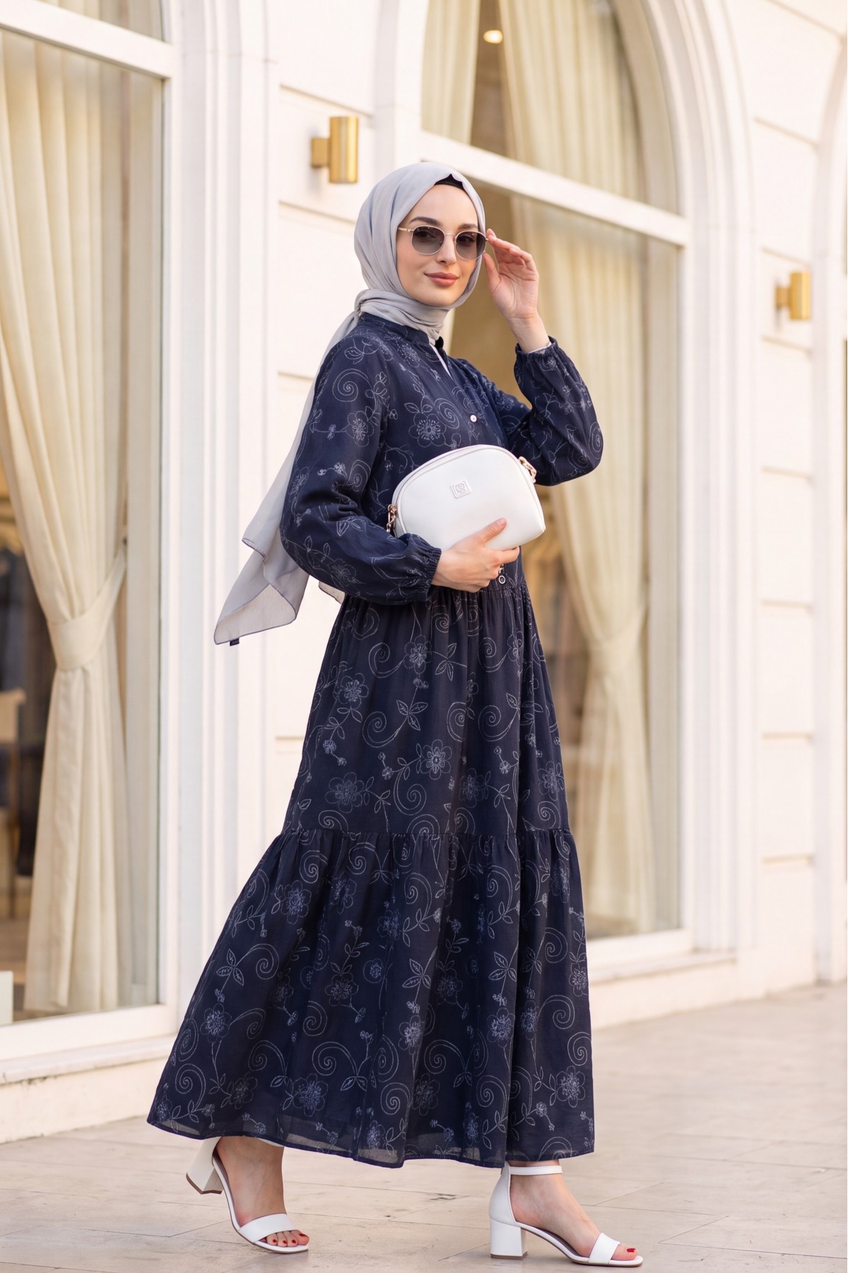 Half Buttoned Jacquard Printed Piece Dress with Elastic Sleeves -Navy blue