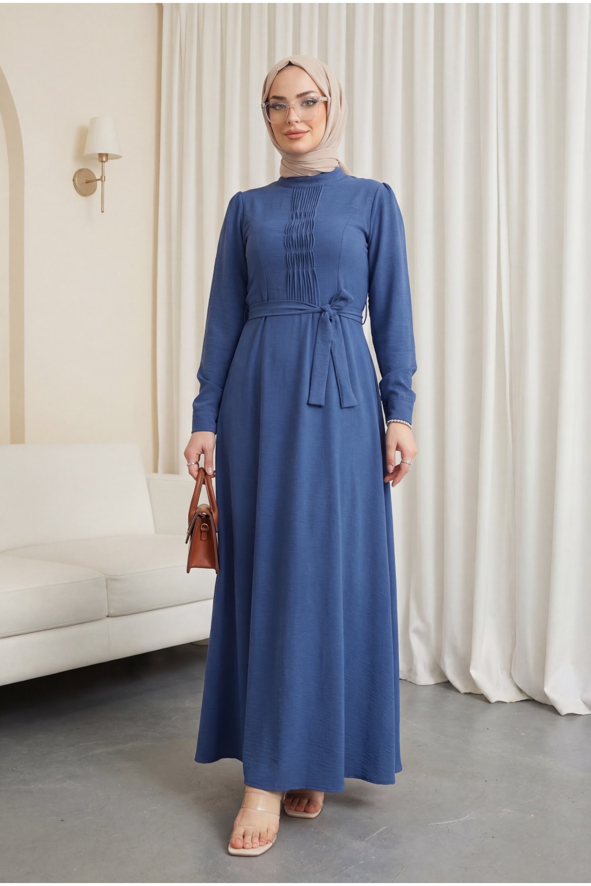 Belted Ayrobin Dress with Çima Detail -İndigo