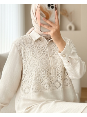 Dantel İşlemeli Eteği Düğme Detaylı Gömlek  -Taş