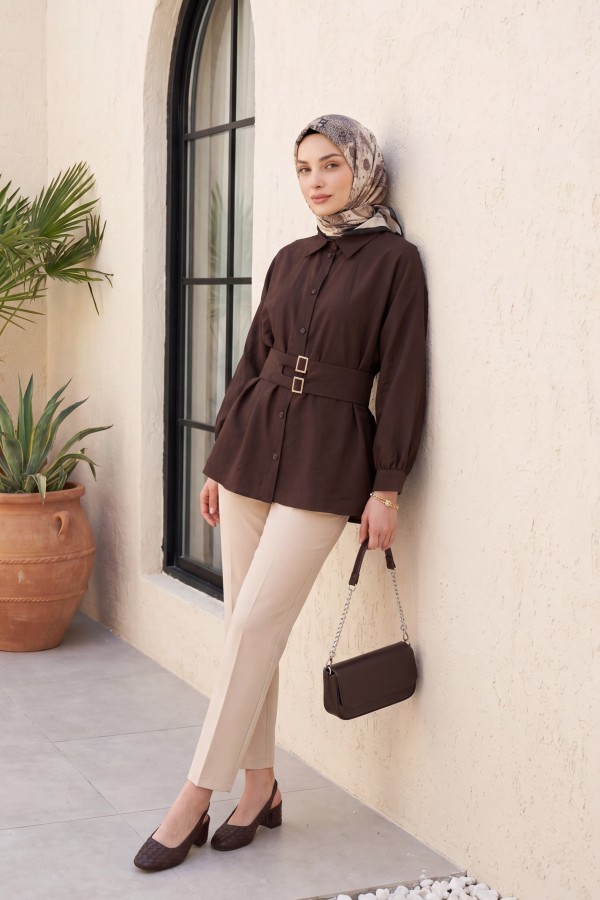 Cupra Shirt with Double Buckle Elastic Belt and Button Front -Dark Coffee
