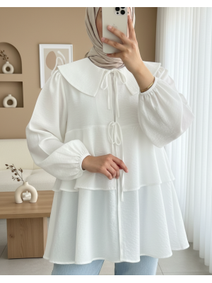 Bebe Yaka Önü Bağcıklı Eteği Katlı Kimono -Beyaz