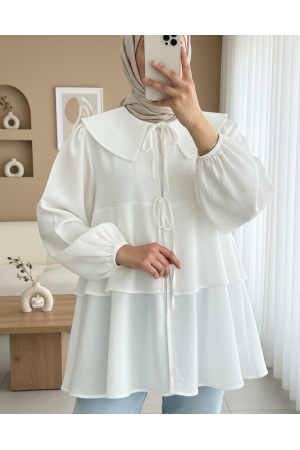 Bebe Yaka Önü Bağcıklı Eteği Katlı Kimono -Beyaz