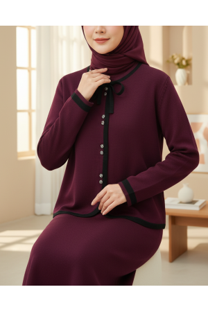 Knitwear Suit with Lace Detail and Striped Buttoned Skirt -Maroon