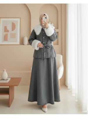 Yakası Ve Kolları Kürklü Beli Kuşaklı Bebe Yaka Kot Takım -Füme