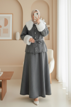 Yakası Ve Kolları Kürklü Beli Kuşaklı Bebe Yaka Kot Takım -Füme