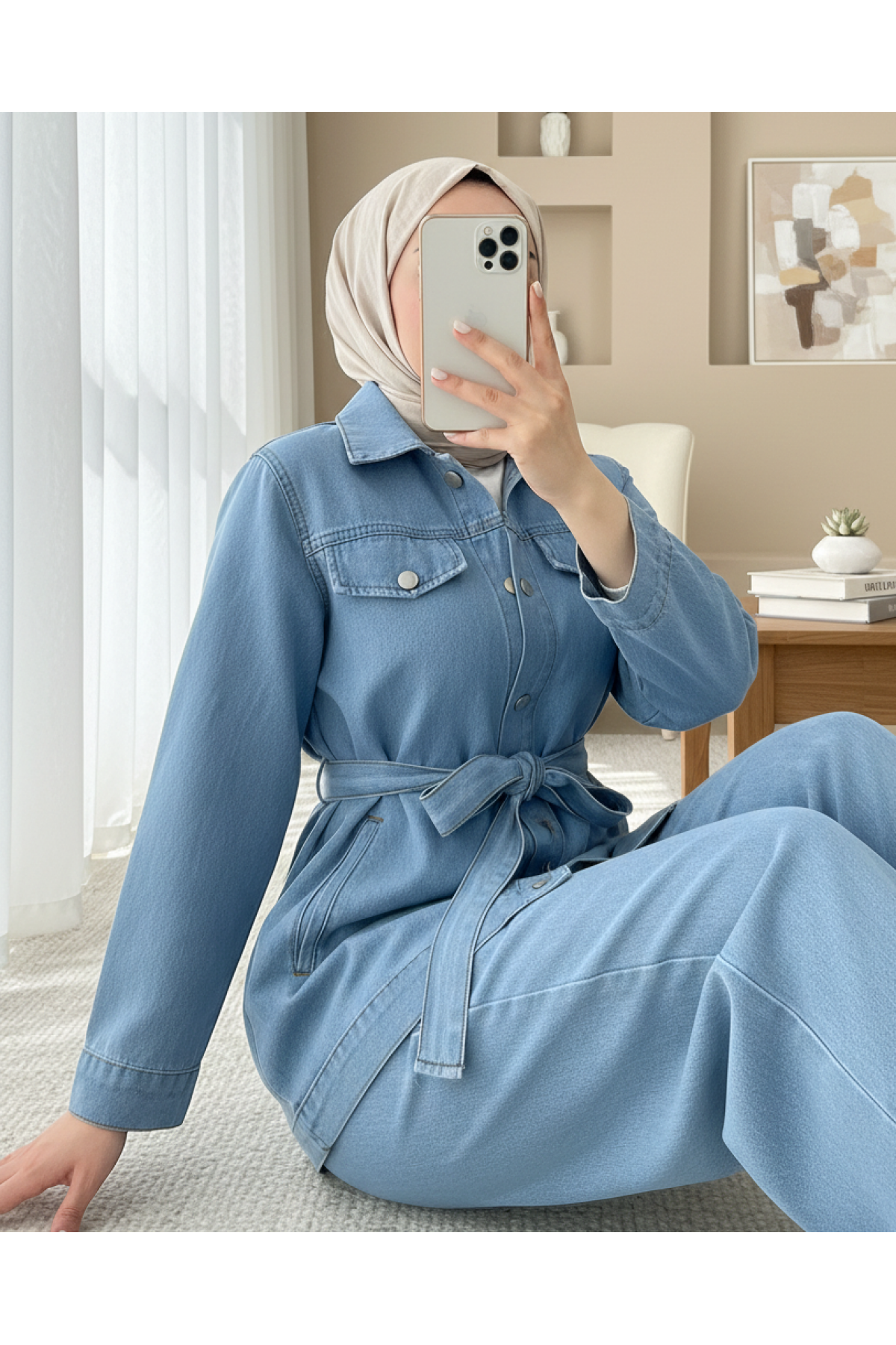 Düğmeli Beli Kemerli Cepli Kot İkili Takım -Açık Mavi