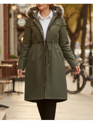 Çıkma Kapşonlu Yıldız Metal Detaylı Kaban -Haki