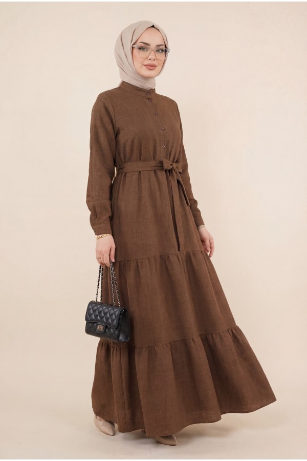 Half Buttoned Stand Collar Tied Waist Linen Dress -Brown