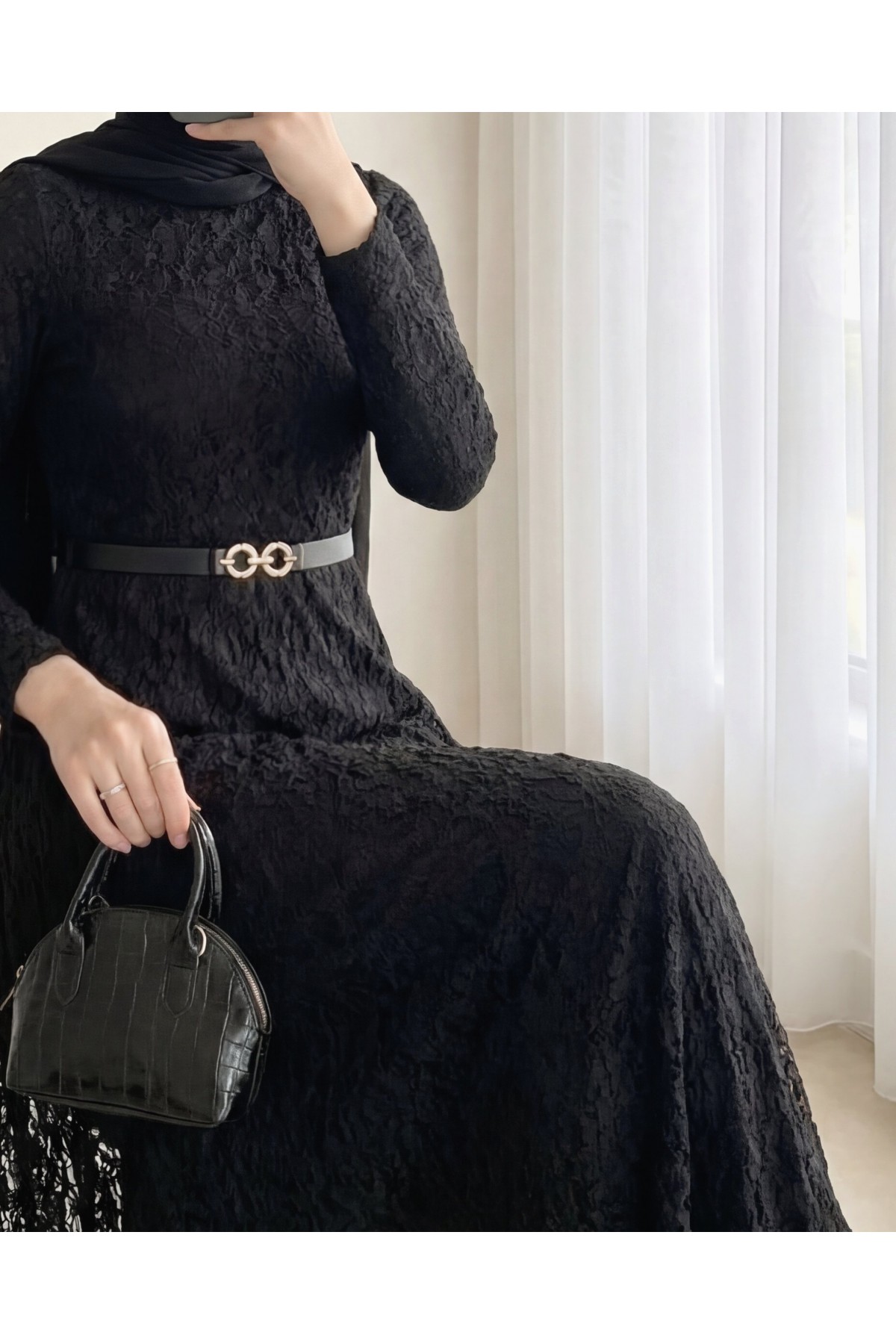 Belted Lined Guipure Lace Dress -Black
