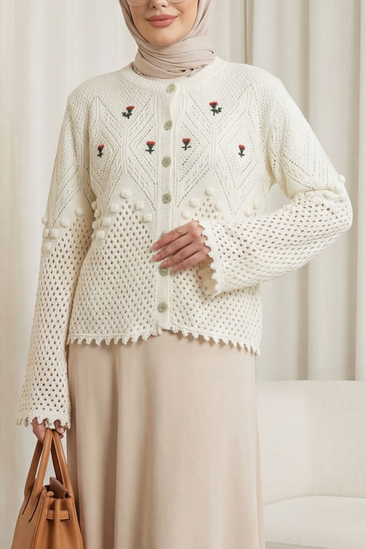 Buttoned Knit Cardigan with Pom-Pom Embroidered Flowers on Front and Sleeves -Ecru
