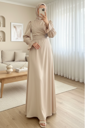 Satin Dress with Ruffled Cuffs and Stone Detail on the Front - Beige