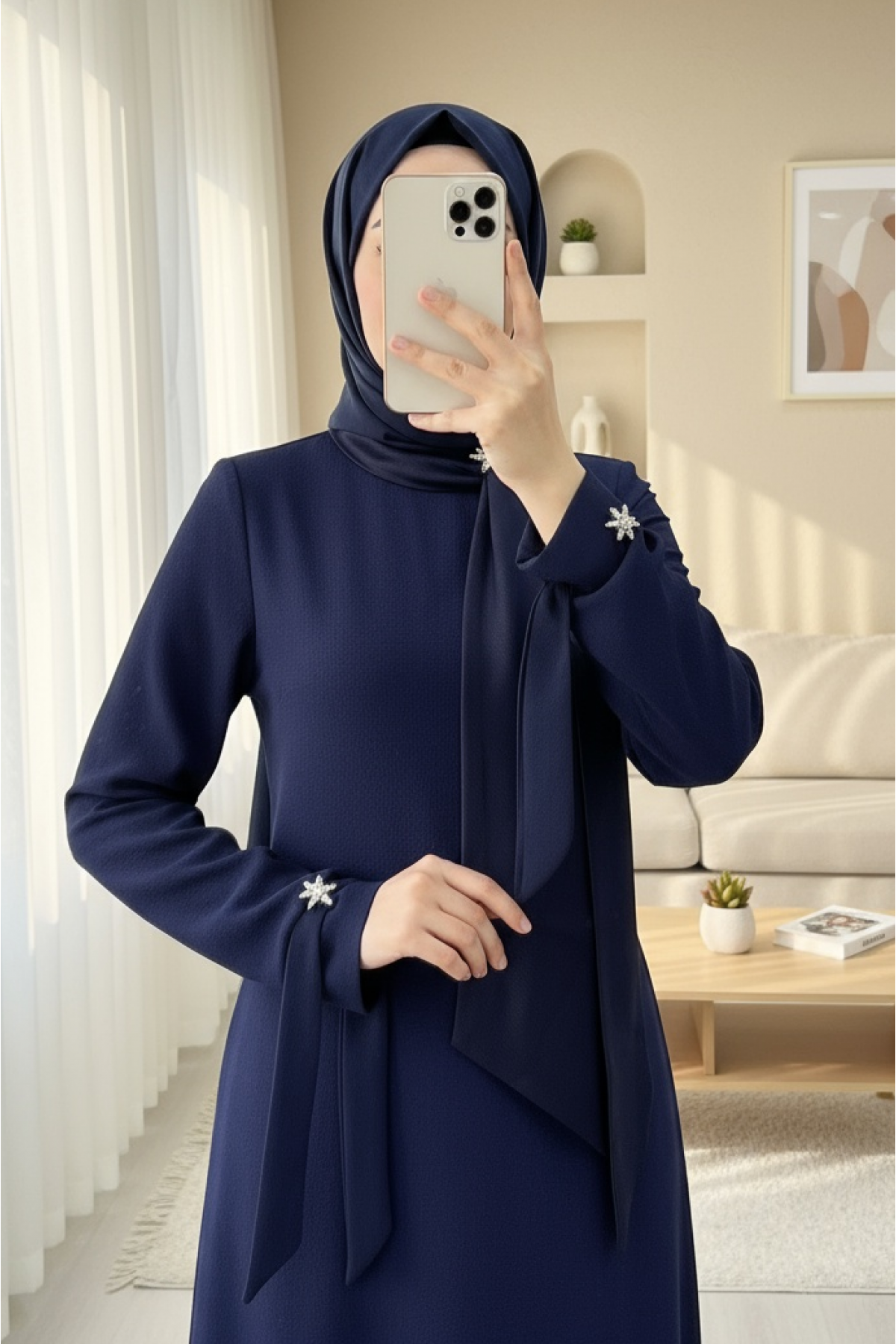 Crepe Dress with Scarf Collar and Brooch Detail and Laced Sleeves -Navy blue
