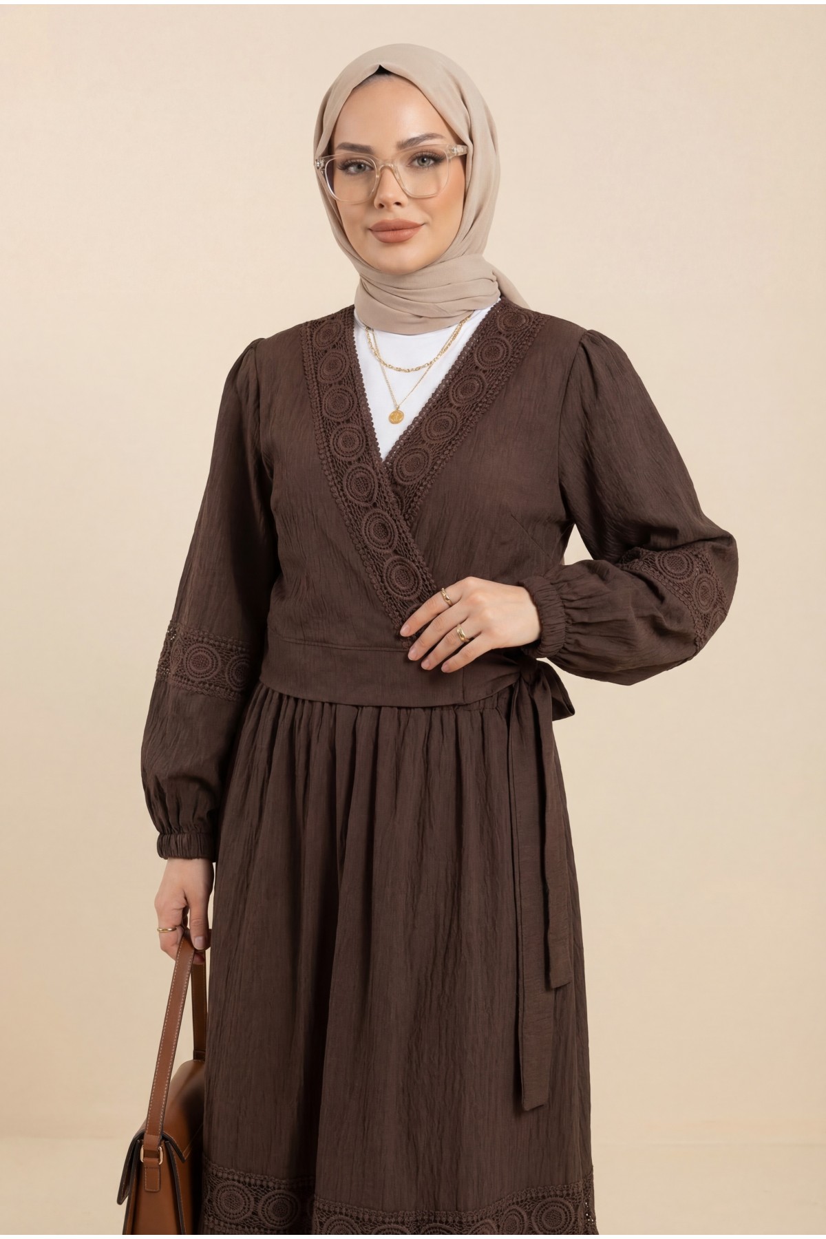Lace Detailed Tied Elastic Sleeve Knit Skirt Suit   -Dark Coffee