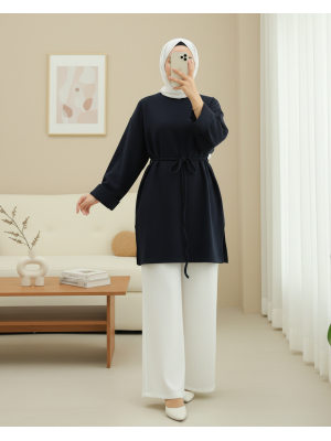 Kolu Katlı Beli Bağlamalı Yırtmaçlı Selanik Tunik -Laci