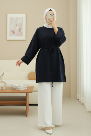 Kolu Katlı Beli Bağlamalı Yırtmaçlı Selanik Tunik -Laci